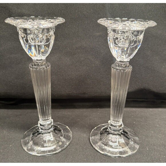 Pair Of Vintage Candle Stick Holders Crystal Clear Glass 6.5” Tall W/ drip edge - Picture 1 of 12